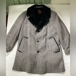 Vtg 70s RICHMAN BROS Herringbone Coat Faux Fur Collar Black White Sz 44 XL Noir
